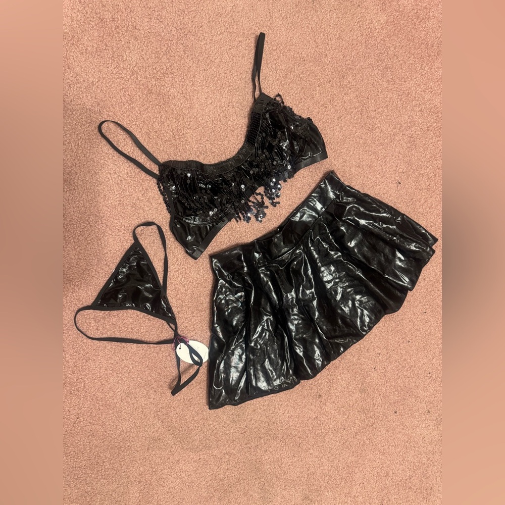New xxl black Vinal pu skirt top set festival rave lingerie goth costume gothic